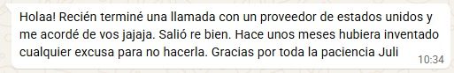 Captura de WhatsApp: mensaje sobre una llamada con un proveedor de Estados Unidos